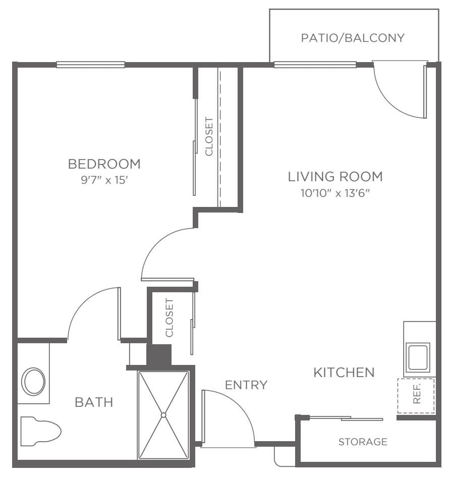 A floor plan of a one-bedroom apartment featuring a living room, kitchen, bathroom, and balcony.