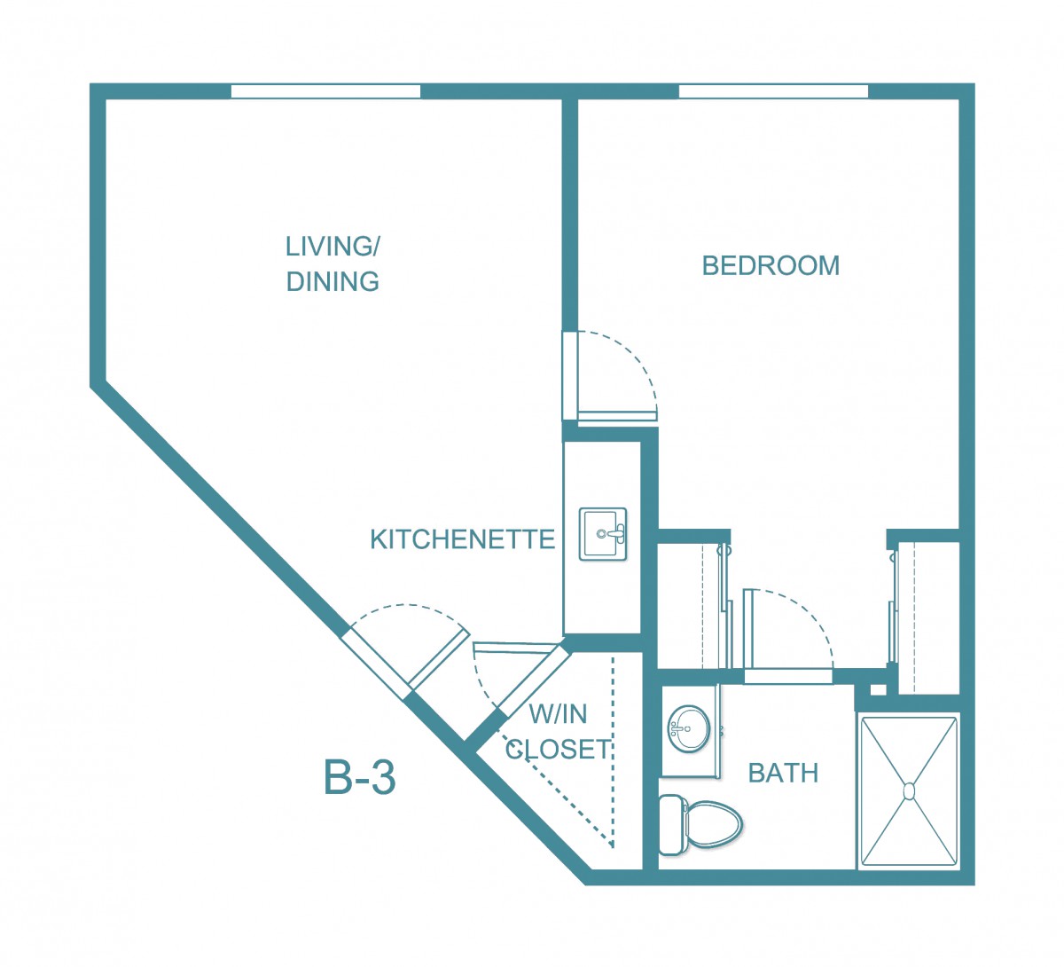 A floor plan of a one-bedroom apartment with a kitchenette, living/dining area, bathroom, and walk-in closet.