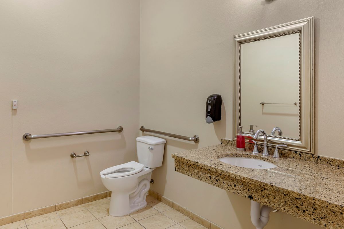 A handicap-accessible bathroom with a toilet, sink, and grab bars.