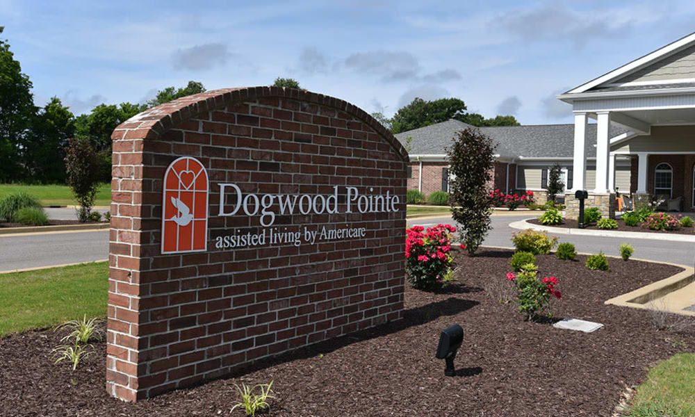 Entrance sign for Dogwood Pointe Assisted Living by Americare.