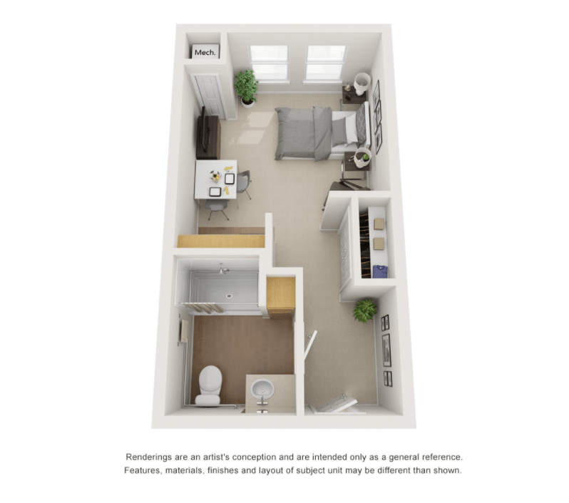 3D floor plan of a studio apartment with designated living, sleeping, and kitchen areas.