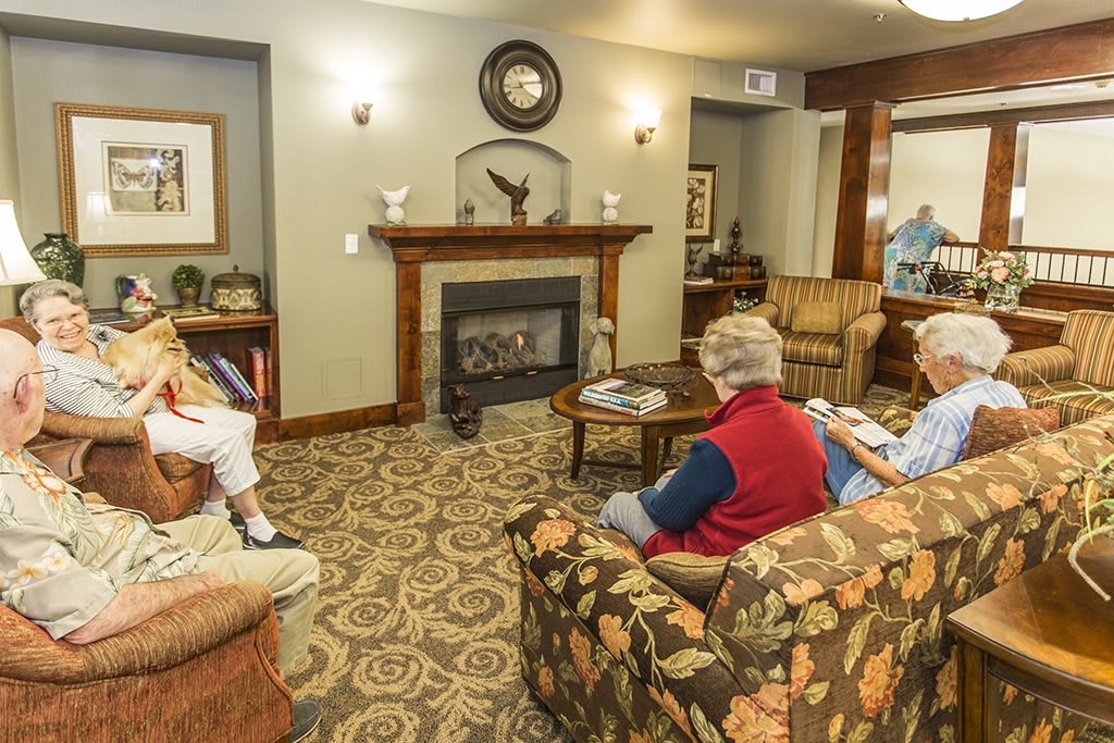 A group of seniors sitting in a cozy living room, engaged in conversation near a fireplace.