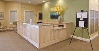A modern reception area with a wooden desk and decorative elements.