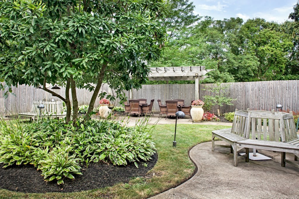 A serene backyard garden with lush greenery, a pergola, and outdoor seating area.