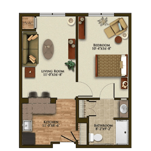 A compact 1-bedroom apartment floor plan featuring a living room, kitchen, bedroom, and bathroom.