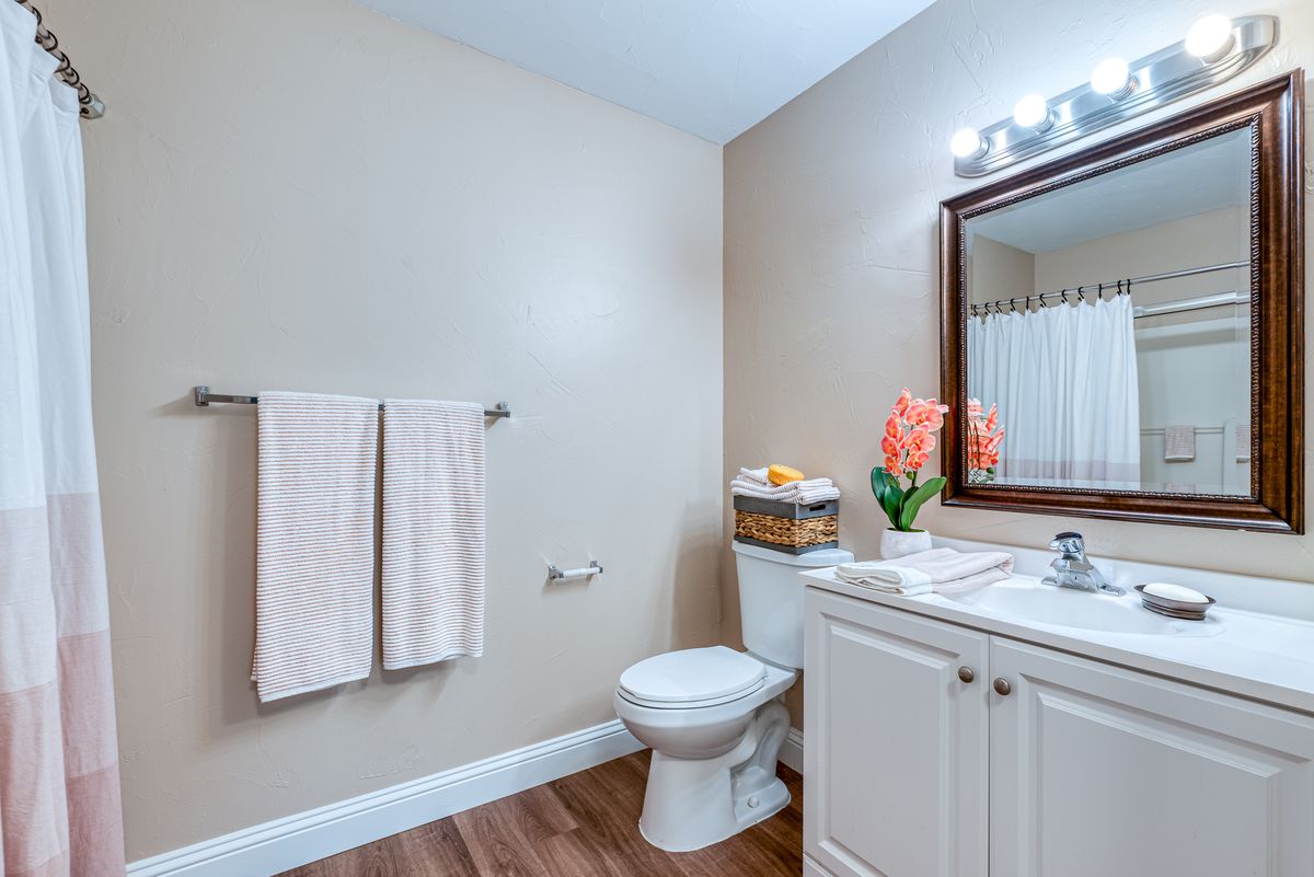 A well-lit bathroom with a sink, toilet, mirror, and decorative flowers.