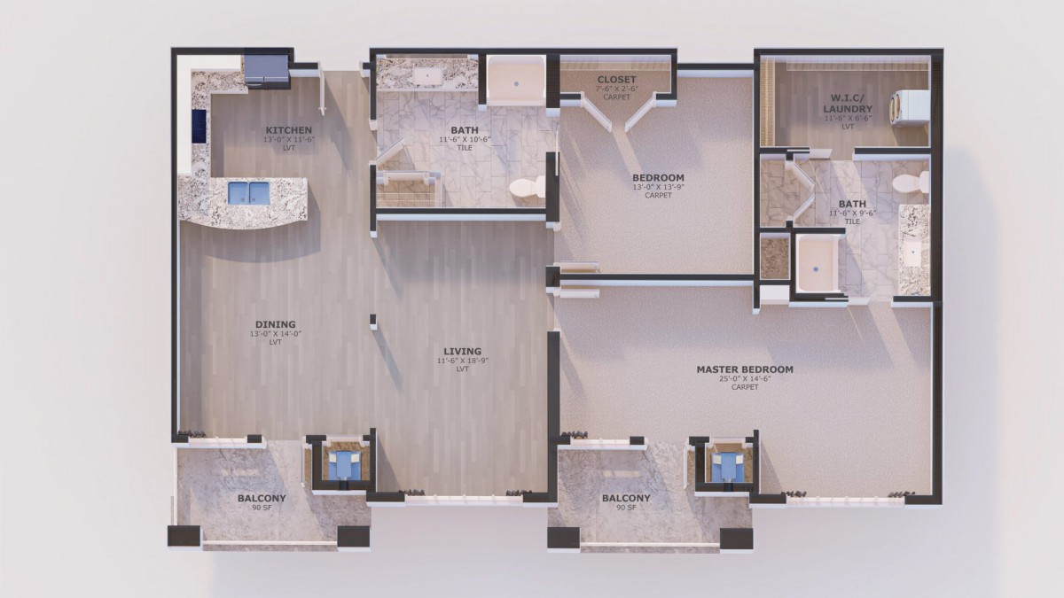 A detailed floor plan of a modern apartment layout.