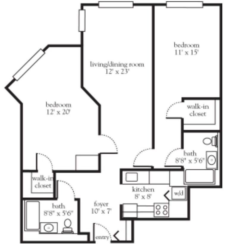A detailed floor plan showing a two-bedroom apartment layout with dimensions for each room.