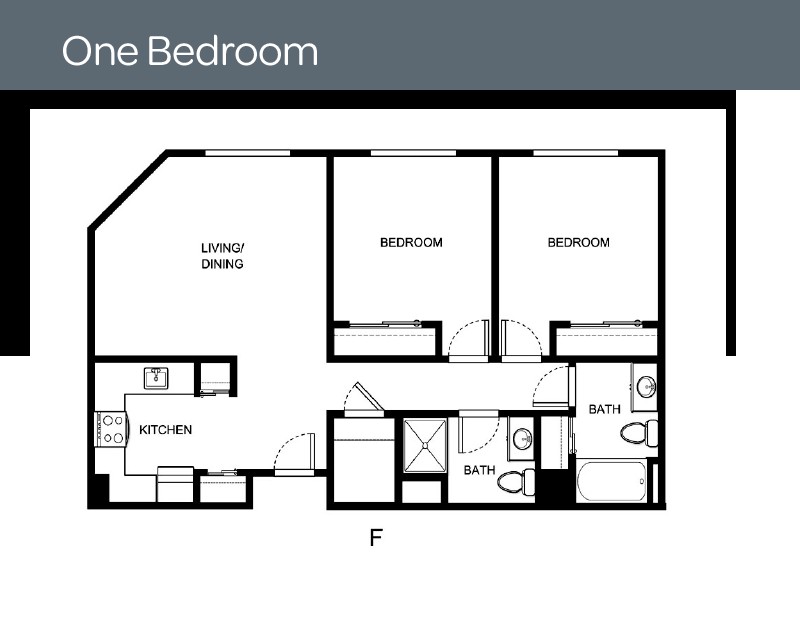 A floor plan of a two-bedroom apartment with living area, kitchen, and bathrooms.