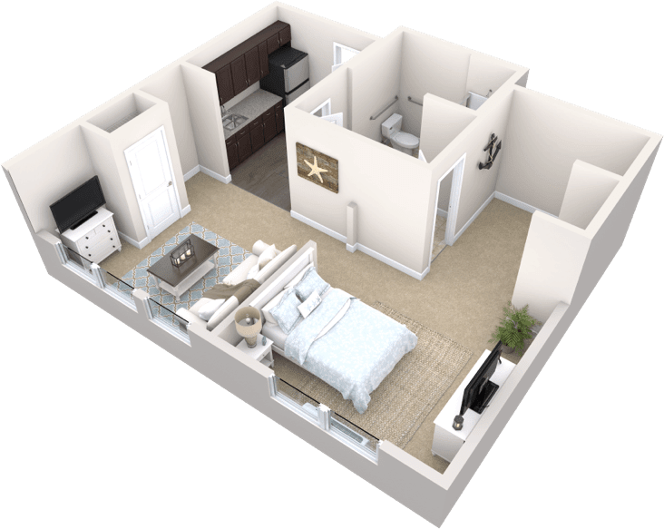 3D floor plan of a one-bedroom apartment with a living area and bathroom.
