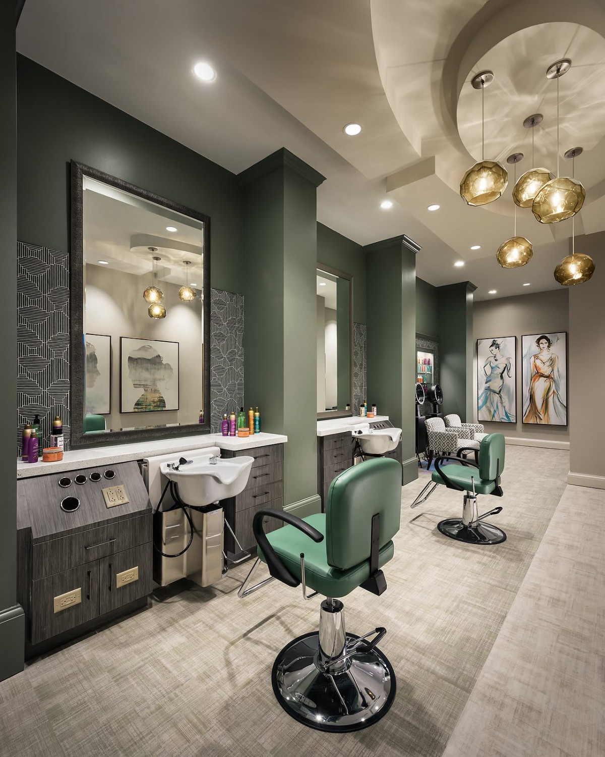 Modern barber shop interior with stylish chairs, mirrors, and elegant lighting.