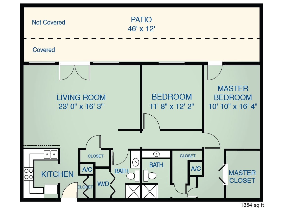 A floor plan of an apartment featuring a living room, two bedrooms including a master bedroom, kitchen, and patio.