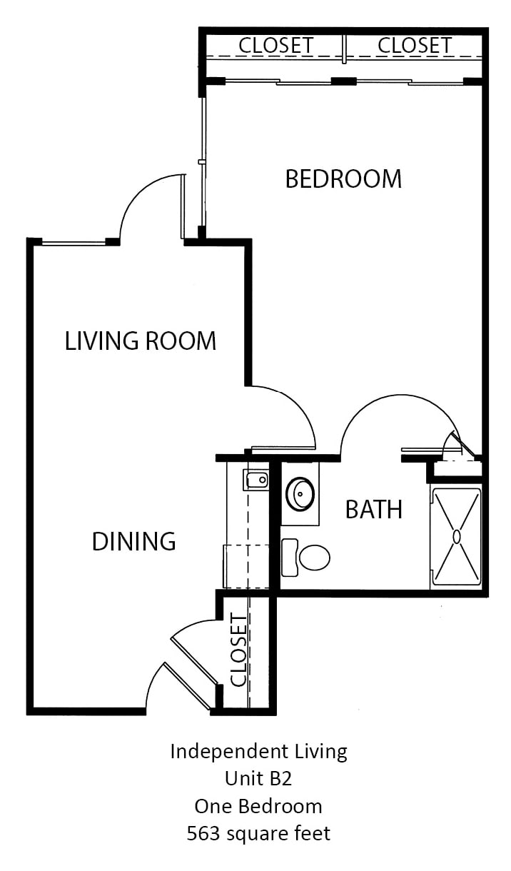A simple one-bedroom apartment floor plan featuring a living room, dining area, kitchen space, bathroom, and closet.