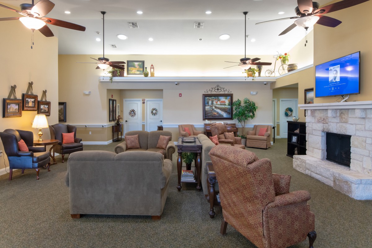 A cozy lounge area with comfortable seating and modern decor.