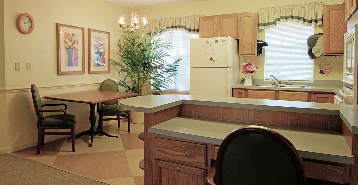 A cozy kitchen and dining area featuring a white refrigerator, wooden cabinets, a central counter, and a dining table with chairs, complemented by a large potted plant.