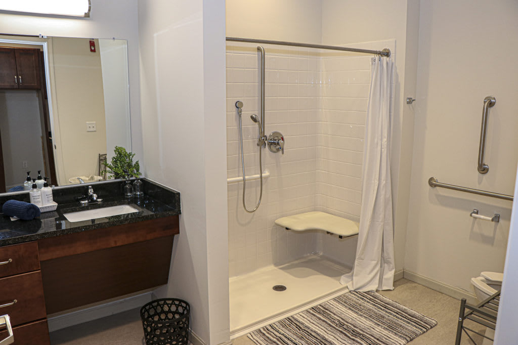 A contemporary bathroom with a walk-in shower and sleek vanity area.