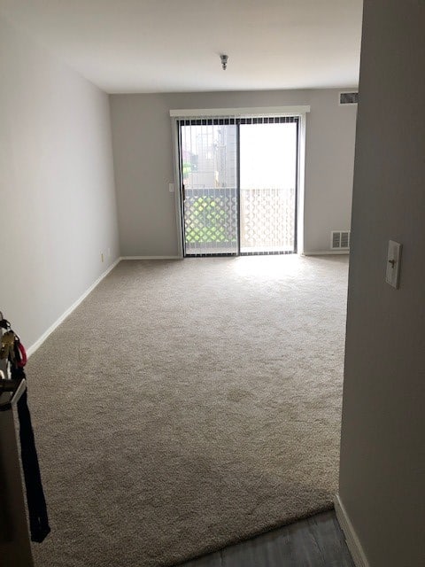 An empty room with a carpeted floor and sliding glass door leading to an outdoor area.