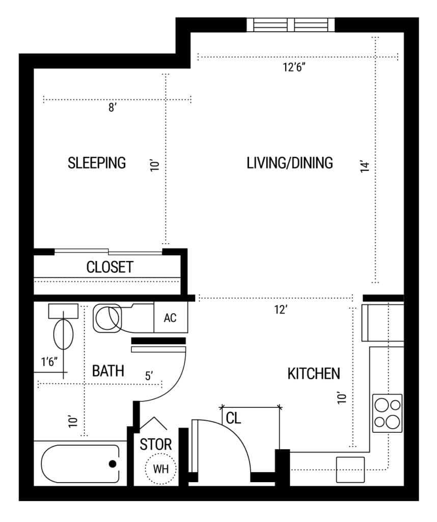A floor plan of a studio apartment with designated areas for sleeping, living/dining, kitchen, and bathroom.