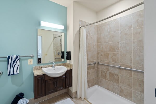Modern bathroom with a tiled shower and a sleek sink area.
