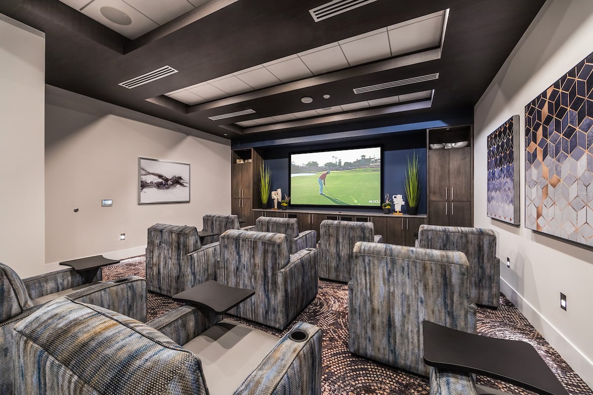 A modern home theater with comfortable seating and a large screen for entertainment.
