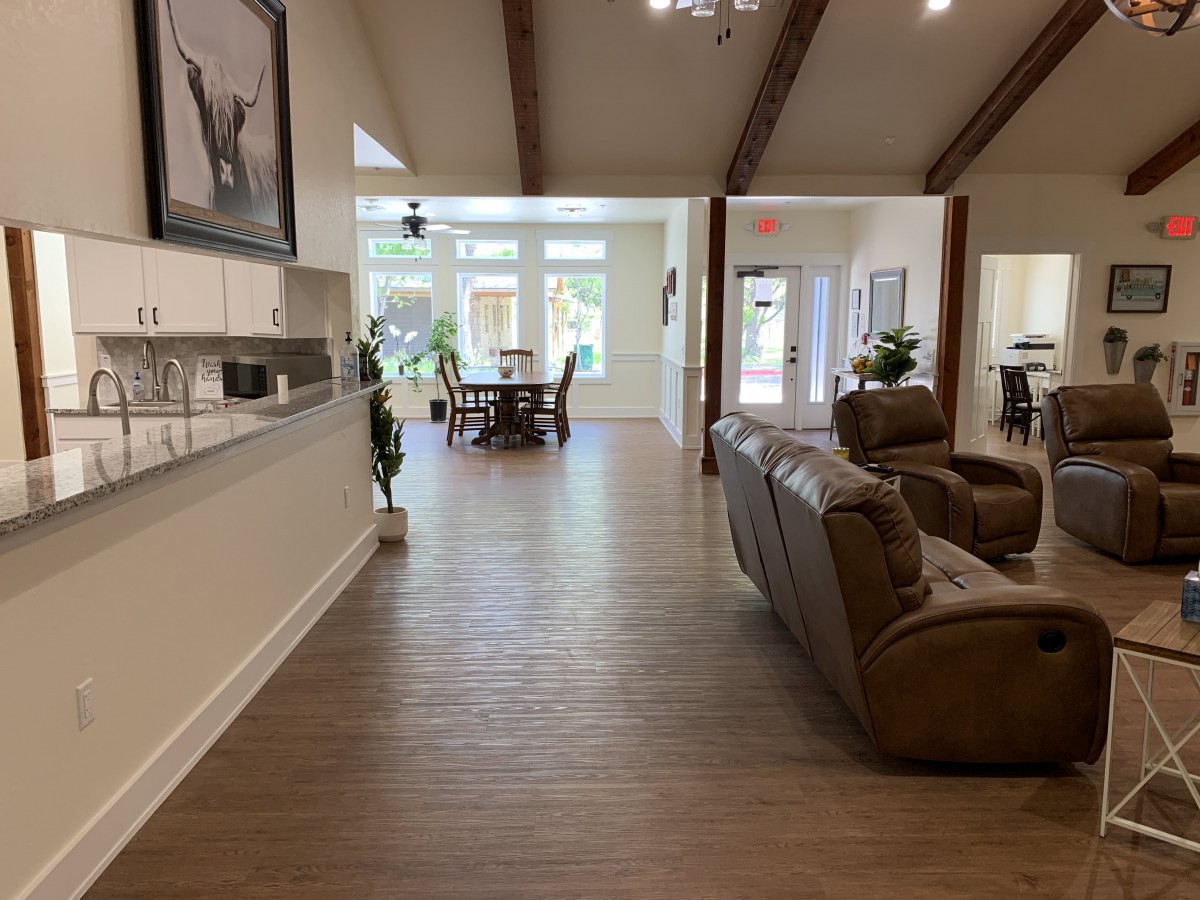 A modern open-concept living room with a view of the dining area, featuring wooden floors and natural light.