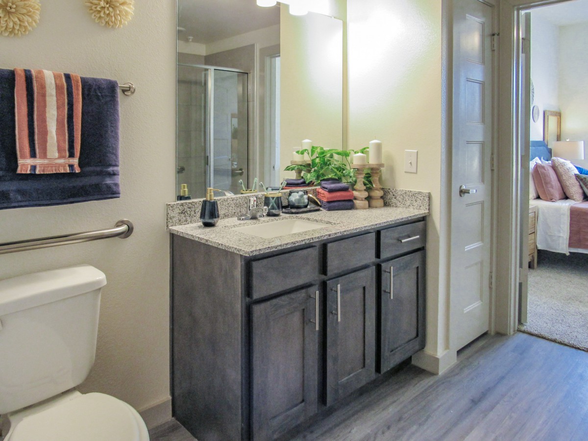 A modern bathroom with a vanity, sink, mirror, and toilet.