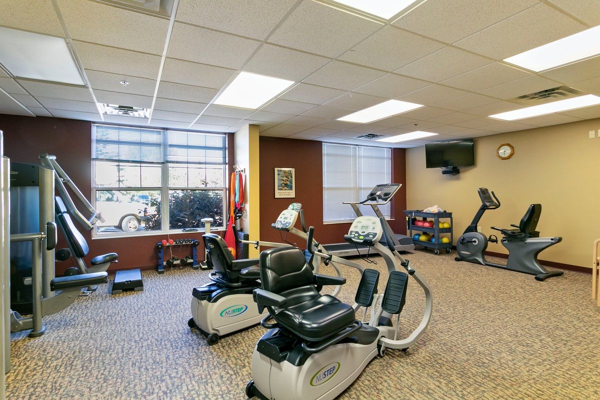 A well-equipped gym with exercise bicycles, a treadmill, and a television, set in a carpeted room with large windows.