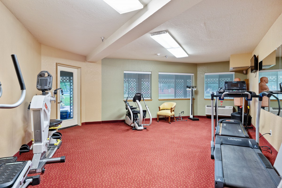 A well-lit gym with various fitness equipment including elliptical machines and treadmills on a red carpeted floor.