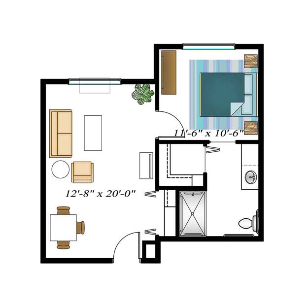 A detailed floor plan of a one-bedroom apartment featuring a living room, kitchen, and bathroom.