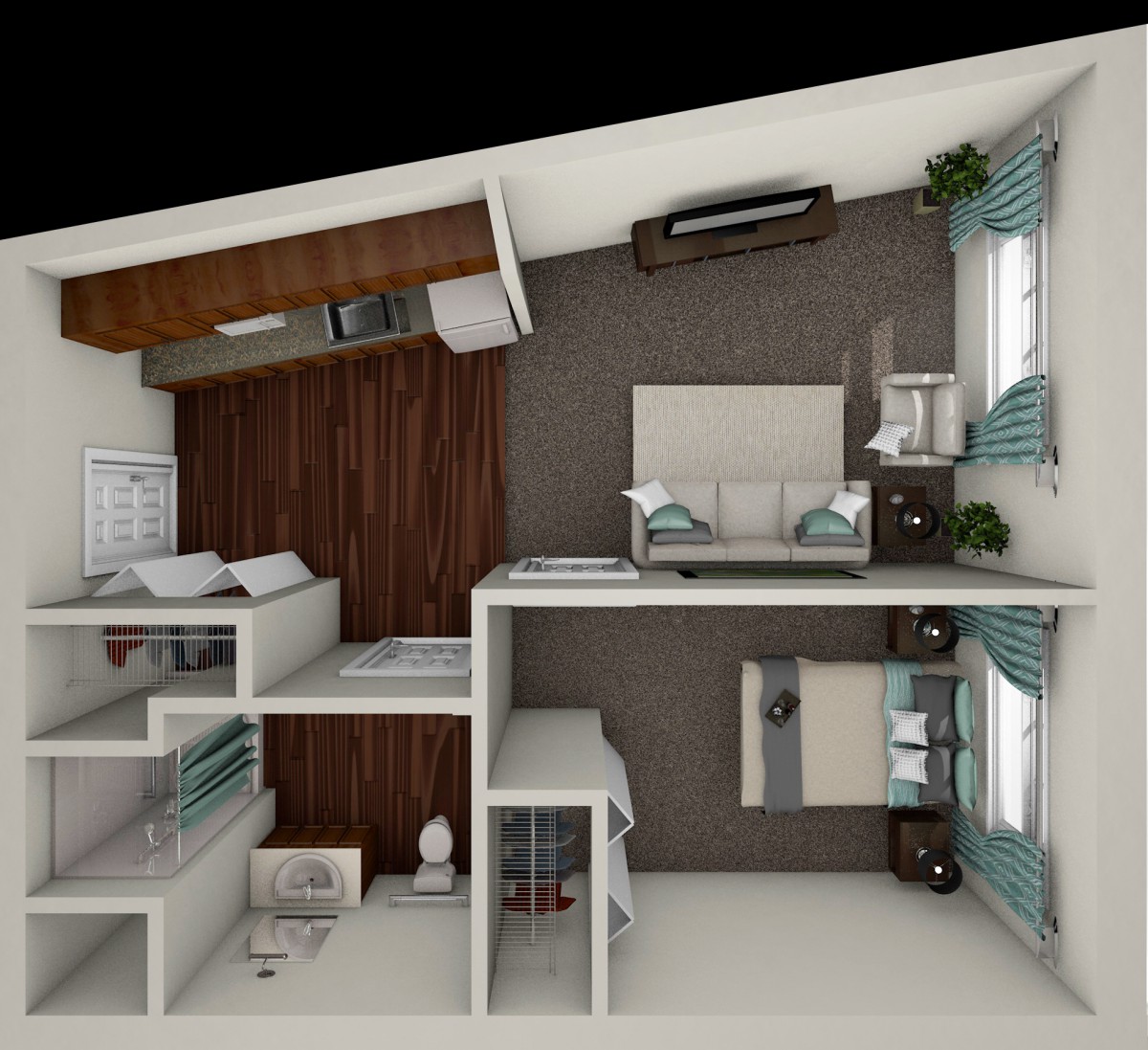 A modern 3D floor plan of a bedroom with contemporary furniture and decor.