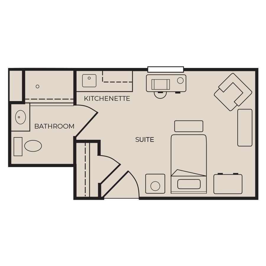 A floor plan of a small suite with a kitchenette and bathroom.