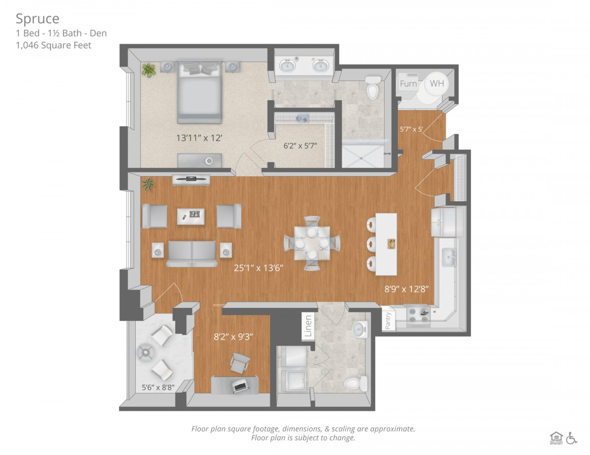 A detailed floor plan of an apartment featuring a master bedroom, living room, kitchen, and bathrooms.