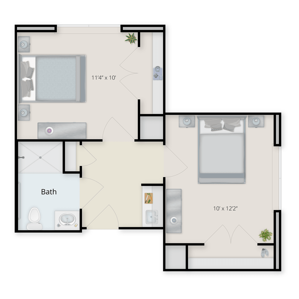 A floor plan of a two-bedroom apartment with a living room and bathroom.