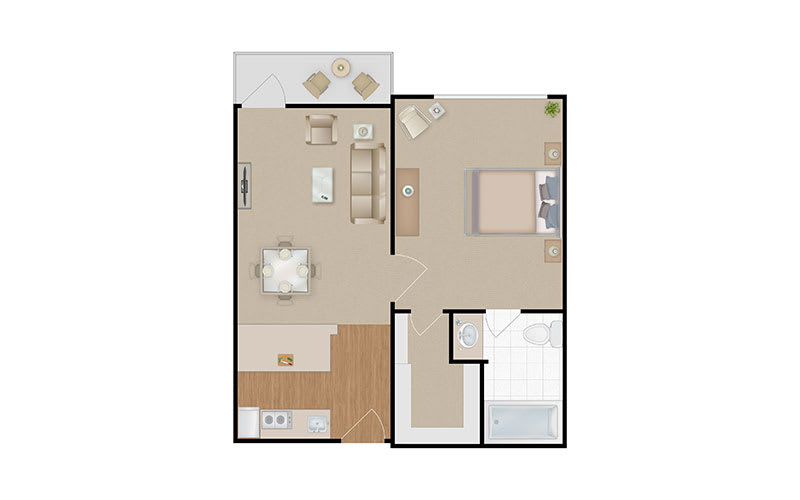 This is a floor plan of a one-bedroom apartment, featuring a living room, kitchen, bathroom, and balcony.
