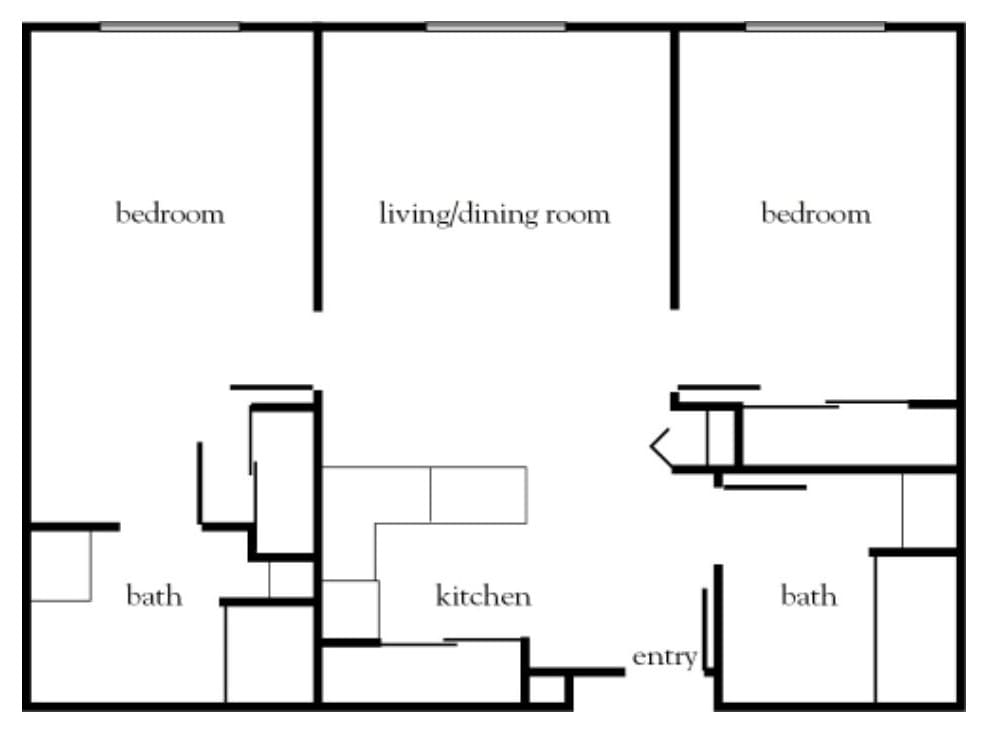 A floor plan depicting an apartment layout with two bedrooms, a living/dining room, kitchen, and two bathrooms.