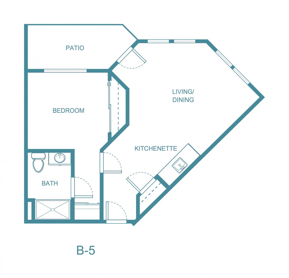 A floor plan of a one-bedroom apartment with an open living and dining area.