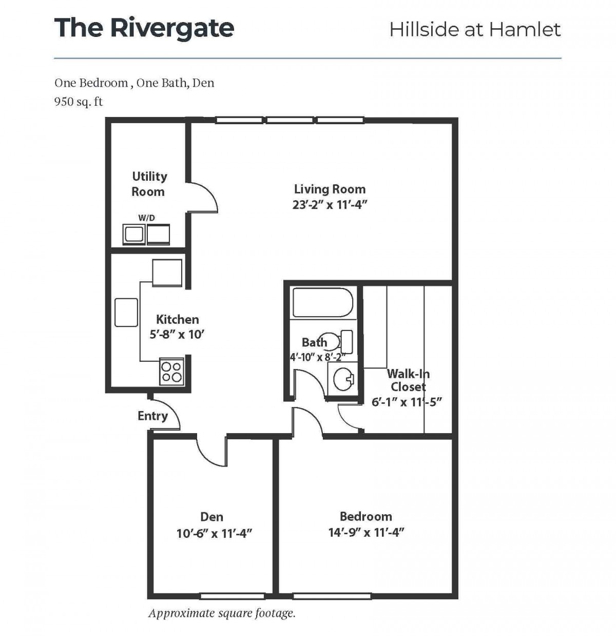 Floor plan of The Rivergate apartment featuring two bedrooms and one bathroom.
