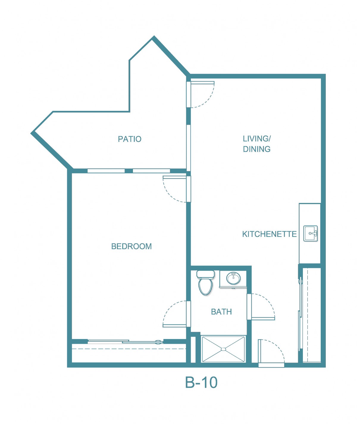 A floor plan of a one-bedroom apartment featuring a living room, kitchen, and bathroom.