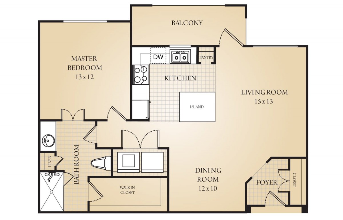 Two-bedroom apartment floor plan with a kitchen, living room, dining area, and balcony.