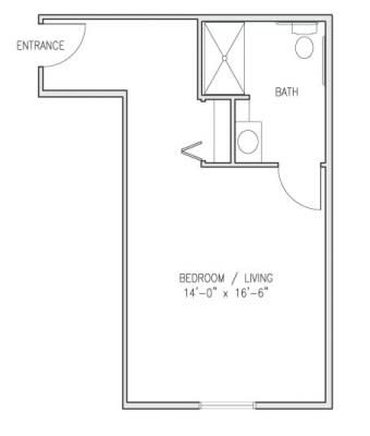 A simple architectural floor plan of an apartment with a combined bedroom and living area.