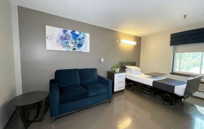 A minimalist room with a blue sofa, bed, and modern decor.