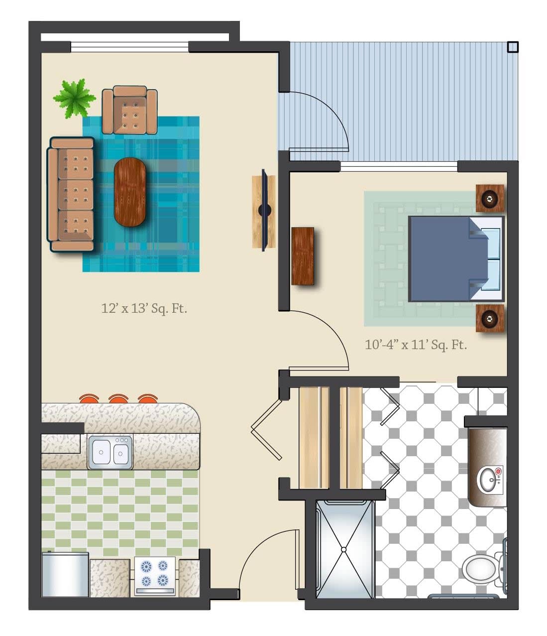 A floor plan showing a one-bedroom apartment with a living room, kitchen, and bathroom.