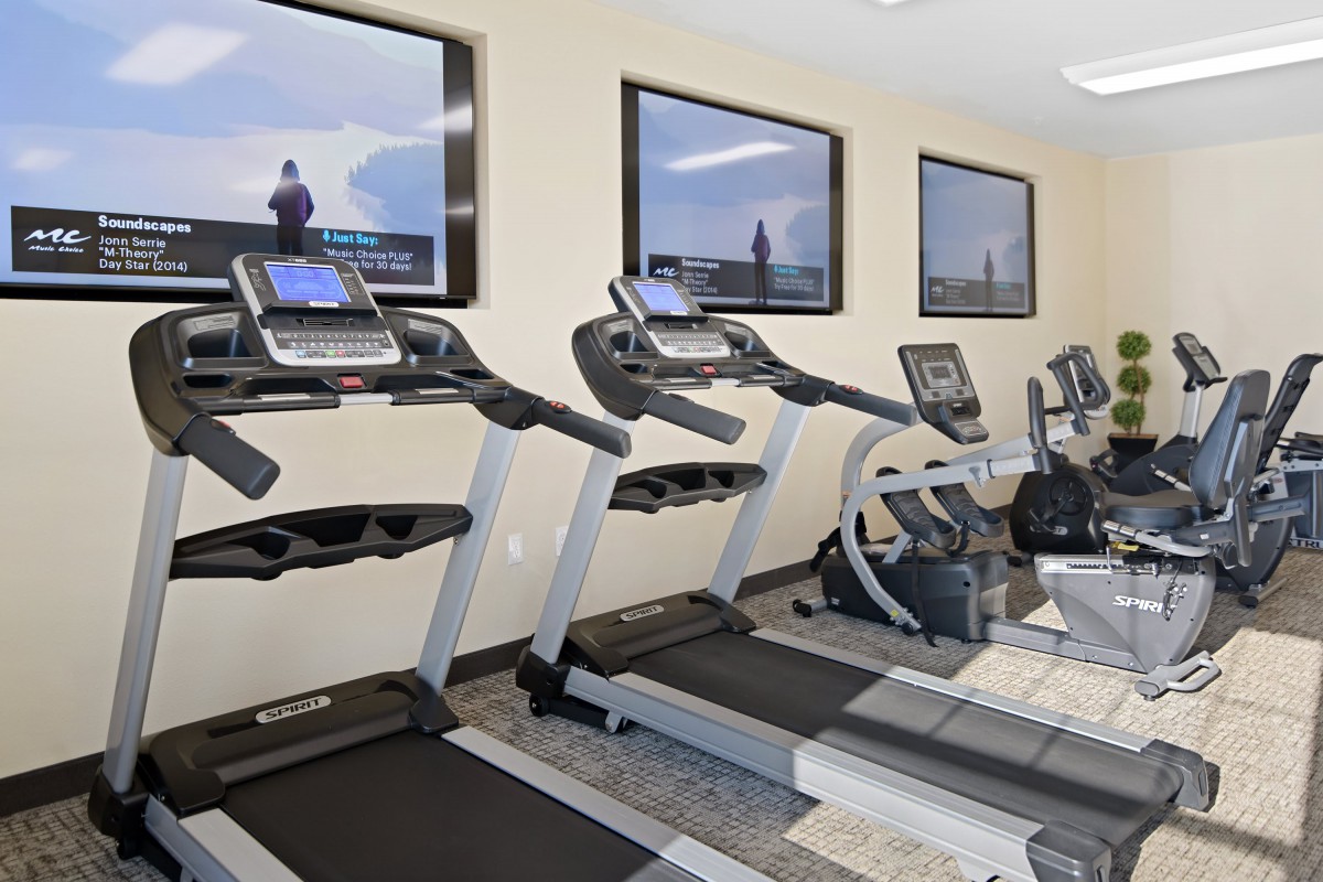 A modern gym with several treadmills and other exercise equipment.