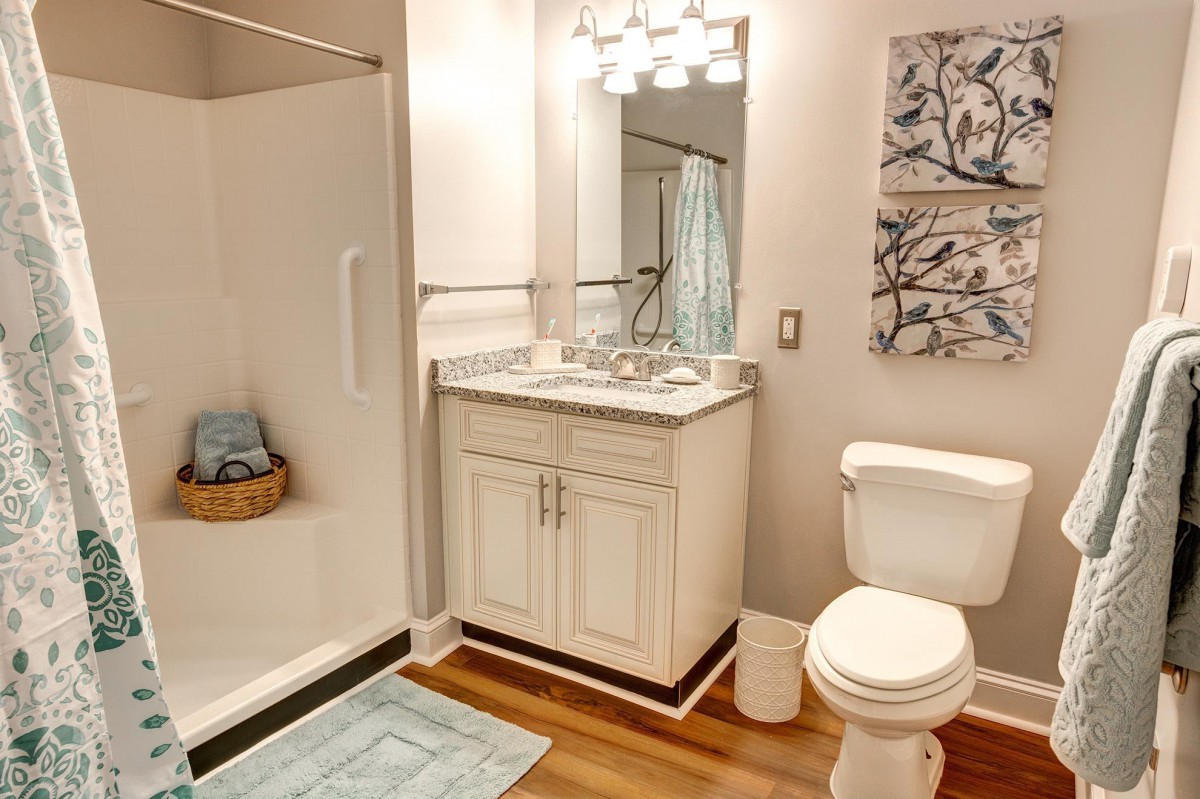 A modern bathroom with a shower, sink, and toilet, featuring elegant decor.