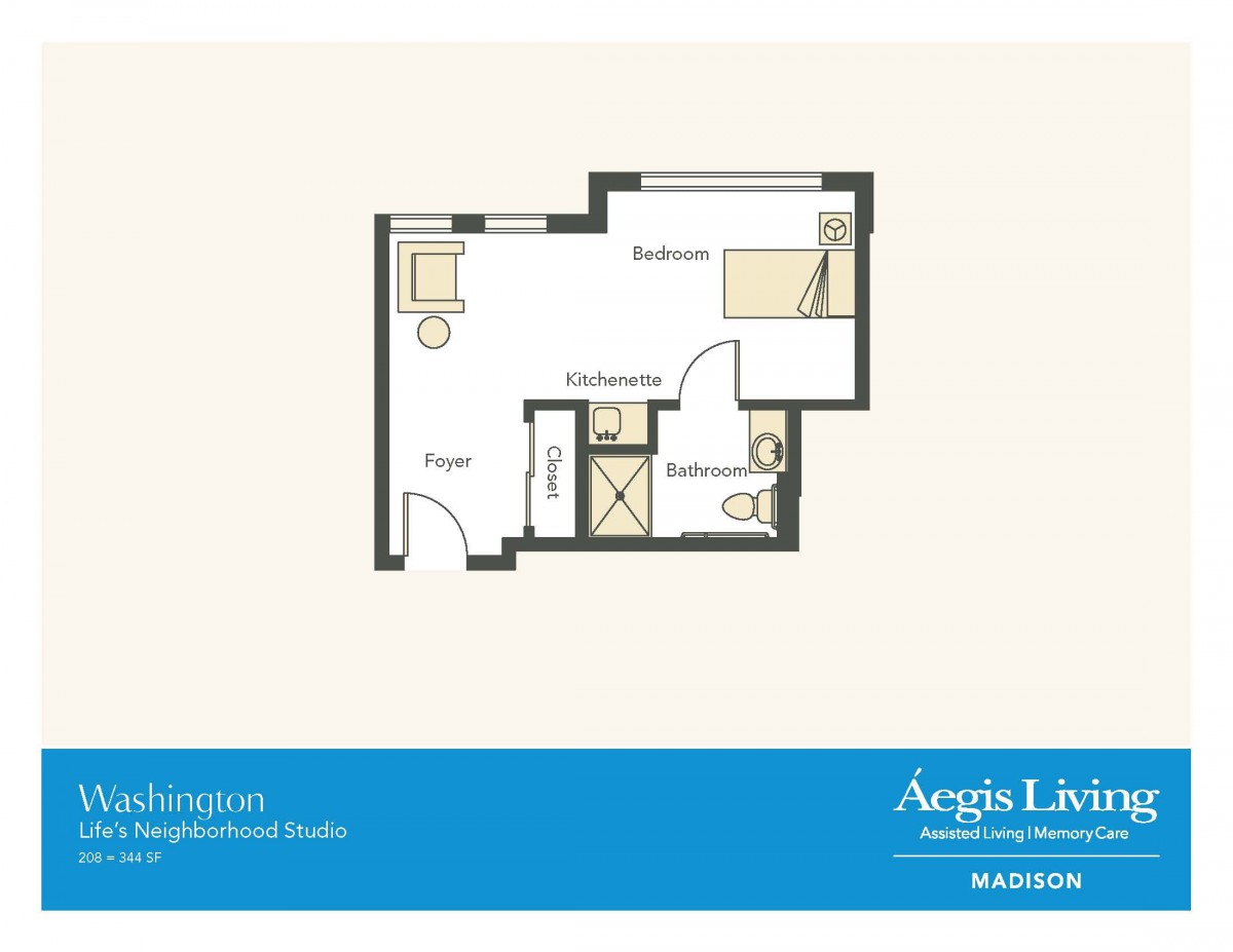 One-bedroom floor plan layout with living area and bathroom.