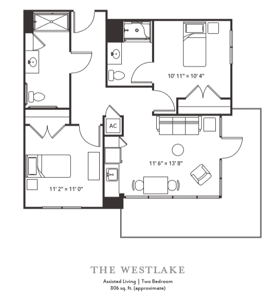 A floor plan of the 'The Westlake' featuring two bedrooms, a living room, kitchen, and bathroom.
