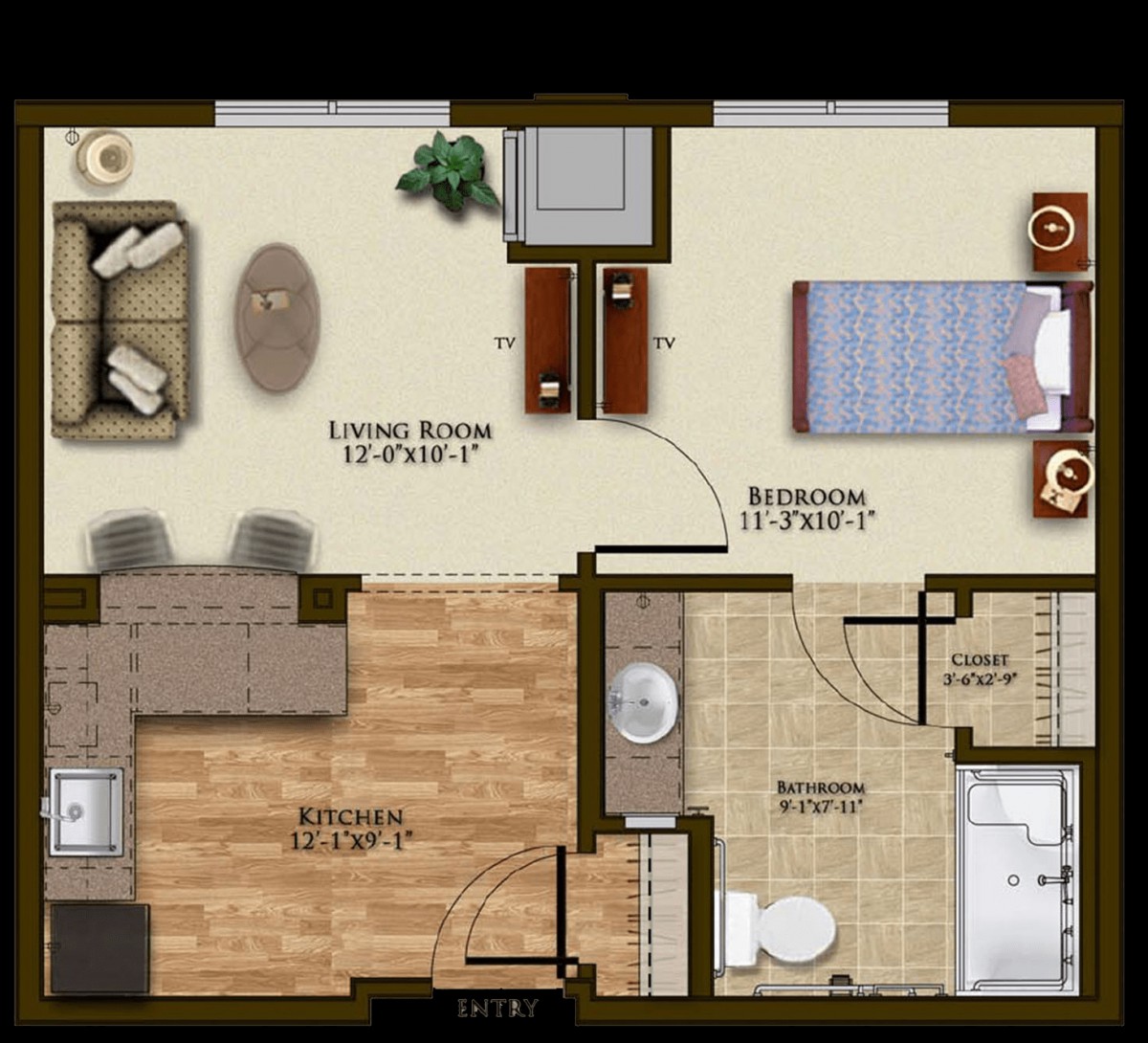 A one-bedroom apartment floor plan featuring a living room, kitchen, bathroom, and bedroom.