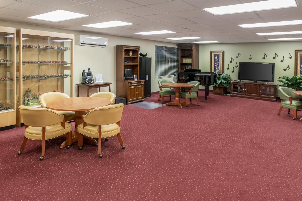 A spacious living room with red carpet, featuring various furniture including tables, chairs, a television, a piano, and shelves.
