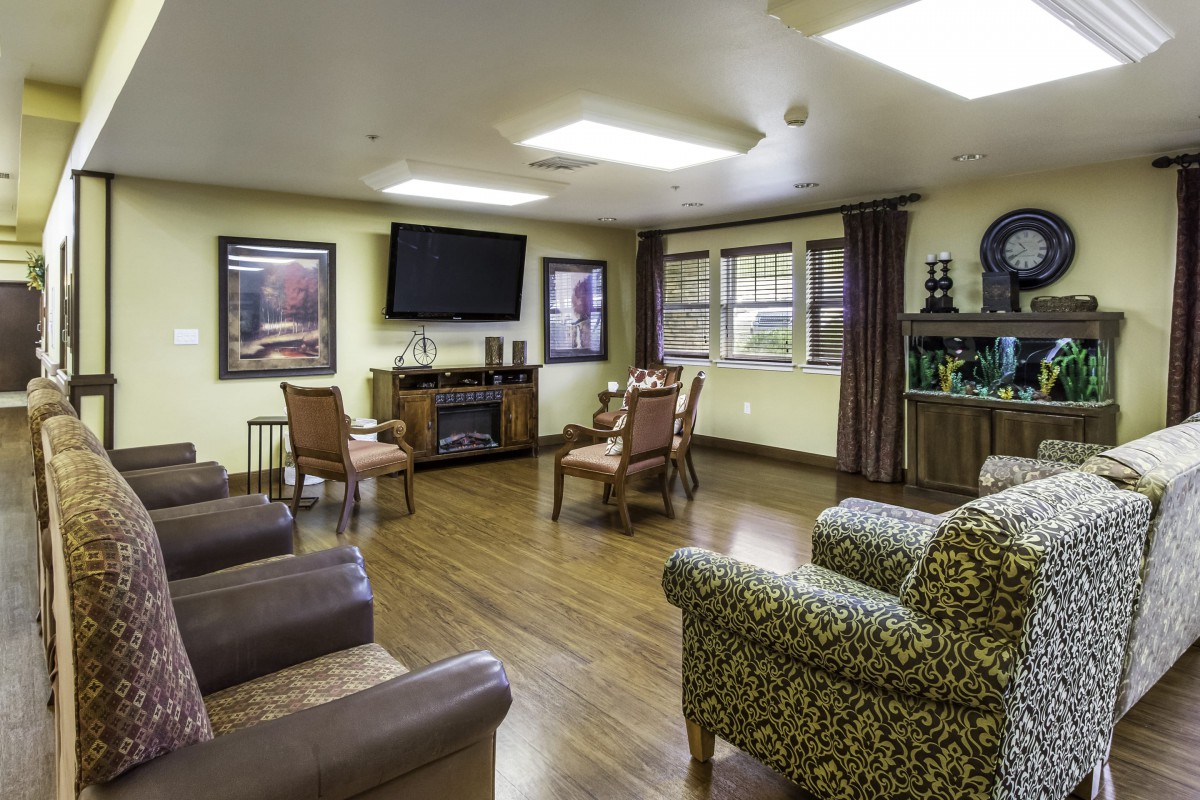 A cozy living room with comfortable seating, a television, and decorative elements.