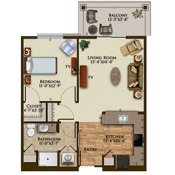 A detailed floor plan of a one-bedroom apartment including living room, kitchen, bathroom, and balcony.